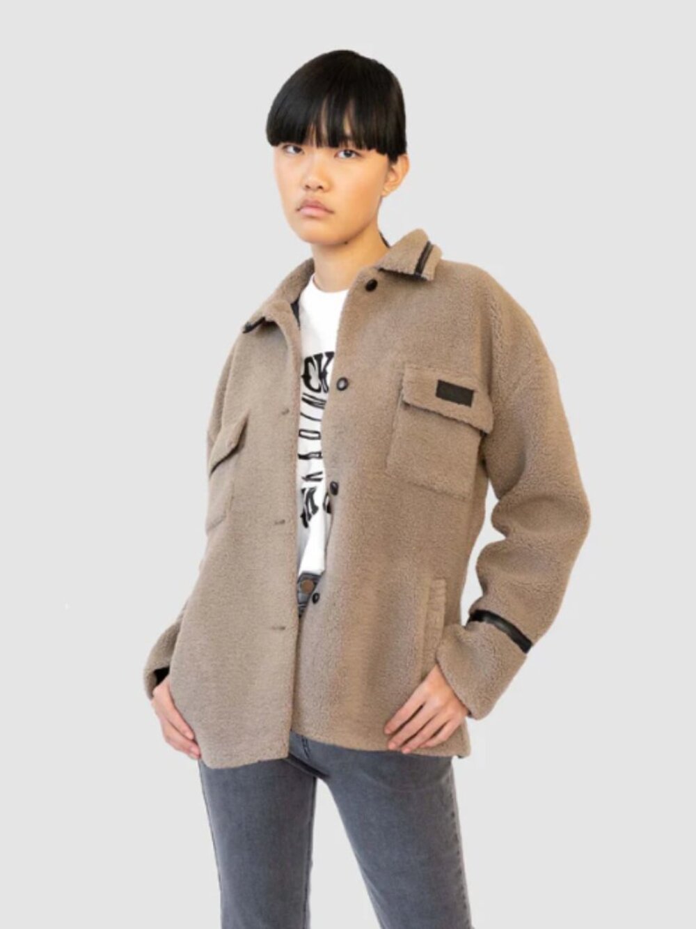 Christina Karin Halston Sherpa Jacket XS | Teddy Coat w/ Vegan Leather Trim